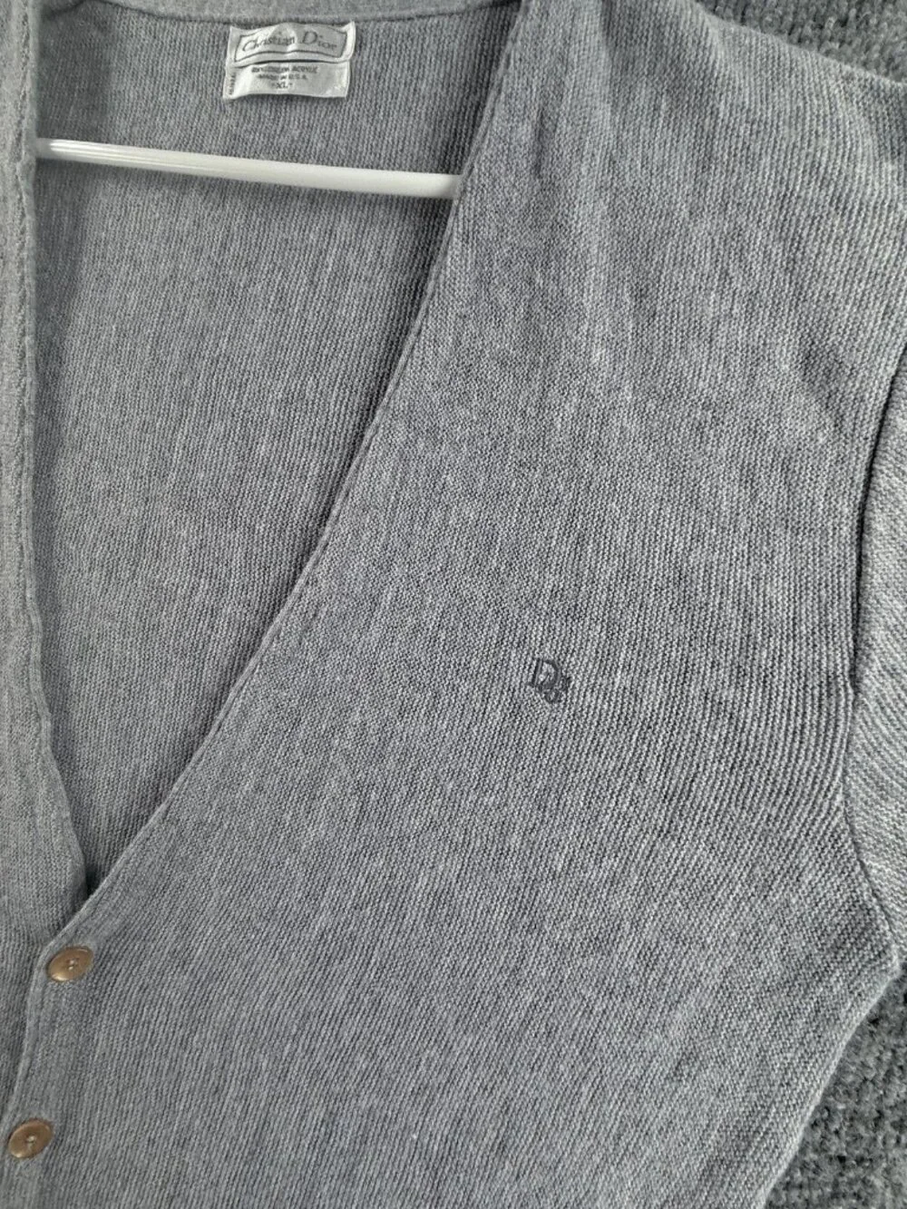 Christian Dior ** Sweater Men Cardigan V-Neck Logo USA XL Gray Solid Long Sleeve